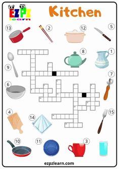 Free Printable English Crosswords Topic Kitchen Objects Worksheet For Kids ESL Resource Food Crossword Worksheets, Esl Cooking Worksheets, Crossword Puzzles For Kids, Crossword Puzzles For 3rd Grade, Maths Crossword Puzzles, Kitchen Objects, Crossword Puzzles, English Worksheets For Kids