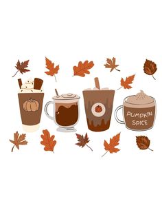 three cups of coffee with autumn leaves on the side and pumpkin spice next to them