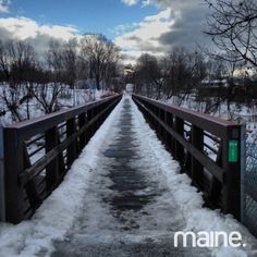 a long bridge with snow on the ground and trees in the backgrouds