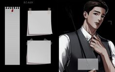 an animated character is holding a pen and looking at the paper attached to his chest