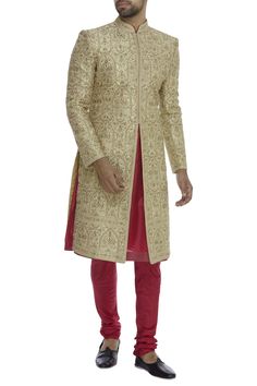 Glorify your persona for the wedding adorned in this sovereign heavy embroidered sherwani set. 
Set of 3 - Sherwani,Kurta,Churidar
Mandarin Collar
Concealed Button Closure
Wrist Length Sleeves
Front and Side Slits
Resham Thread,Zardozi and Sequins Embroidery - Aza Fashions Raw Silk Embroidery, Groom Sherwani, Embroidered Sherwani, Wedding Sherwani, Big Fat Indian Wedding, Embroidery Shoes, Indian Groom, Hollywood Fashion, Sequins Embroidery