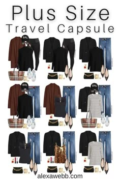 Plus Size Carry-On Travel Capsule - Winter Holidays - A plus size mini-capsule wardrobe with wintery outfit ideas for traveling this holiday season. All of these pieces should fit in a carry-on suitcase. Alexa Webb Winter Cruise Capsule Wardrobe, 9 Pieces 9 Outfits Winter, London Outfit Winter Plus Size, 12 Day Travel Wardrobe, Winter Travel Outfit Plus Size, 4 Day Travel Outfits, Capsule Plus Size Wardrobe, Altheisure Style Plus Size, Carry On Capsule Wardrobe Winter