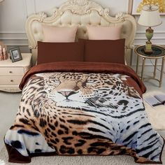 a bed with a leopard print on it