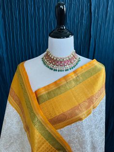 Exclusive Tribal Art Kanchivaram Korvai Pure Silk Pure Zari Silk Saree White Mulberry, Golden Yellow Color