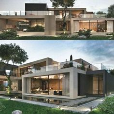 two pictures of a modern house in the evening and at night, one is lit up