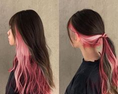 Colour Under Hair, Black Hair With Under Color, Hair Colour Streak Ideas, Black Hair With Colour Underneath, Two Colors Hair Ideas, Top And Bottom Split Dyed Hair, Pink Hair Dye Underneath, Dark Brown And Colored Hair, Black Hair With Pink Halo