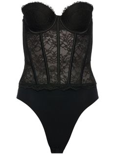 black lace panelling semi-sheer construction boned bodice moulded cup sweetheart neck strapless concealed rear zip fastening Just a reminder that this piece must be tried on over your own garments. Lace Bodysuit Outfit, Bustier Bodysuit, Neckline Slimmer, Corset Bodysuit, Strapless Bodysuit, Black Bustier, Embroidered Bodice, Body Suit Outfits, Lace Body