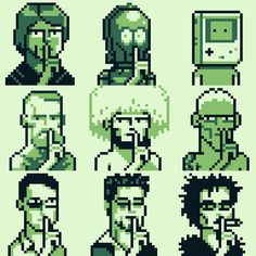 pixel art depicting the faces of people with different facial expressions and hair styles, all in green