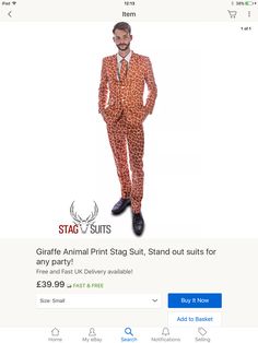 a man in an animal print suit stands on the website page for stag suits