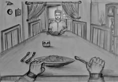 a drawing of two people eating at a table