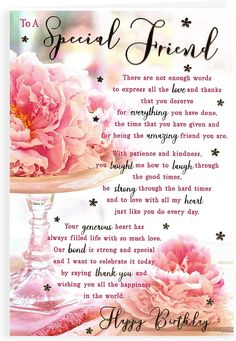 a pink flower sitting on top of a cake plate with the words, special friend