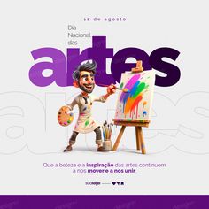 an advertisement with a cartoon character holding a paintbrush and painting the word arties