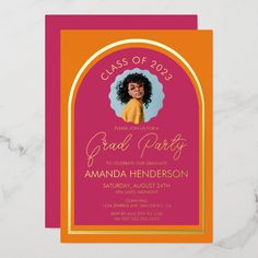 This Modern Photo Pink and Orange Graduation Foil Invitation is a great way to invite your guests to a graduation party. Bright colors, real foil finish and a photo of your grad gives this extra personalization. Pink And Orange Graduation Party Ideas, Pink And Orange Invitations, Grad Party Buffet, Pink And Orange Graduation Party, Pink And Orange Party Theme, Orange Party Theme, Orange Graduation Party, Soccer Party Decorations, Pink Graduation Party