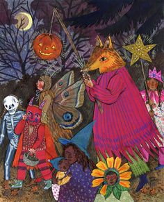 a painting of children dressed up as animals and witches with pumpkins in the background