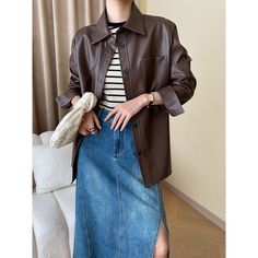 Shirt-Style Brown Leather Jacket Material: PU Size: M, L Color: Brown Applicable Scene: Leisure, Daily, Vacation Leather Shirt Outfit, Brown Leather Jacket Outfit, Winter Jackets For Women, White Winter Jacket, Jacket Outfit Women, Brown Jeans, Women's Coat, Fashion White, Leather Shirt