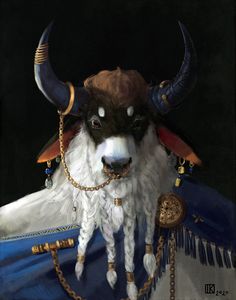 an animal with horns and chains on it's head