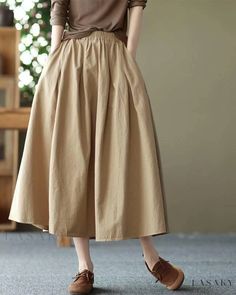 Lasaky - Elegant A-Line Skirt with Pleated Design, Subtle Hues, and Artistic Finesse Long Skirt Casual, Look Boho Chic, Umbrella Skirt, Solid Skirt, Cotton Midi Skirt, Retro Mode, Elegant Skirt, Long Skirts, Mid Length Skirts