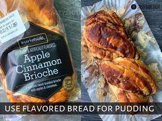 two bags of bread sitting on top of a table next to an apple cinnamon brioche