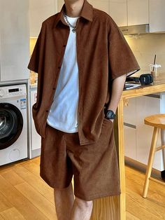 Brown Shirt Outfit Men Street Styles, Brown Men Outfit, All Brown Outfit, Shein Men, Shirt Outfit Men, Mens Shorts Outfits, Drawstring Waist Shorts, Brown Shirt, Brown Outfit