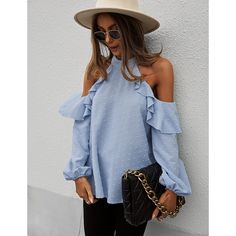 Light Blue Ruffle Cold Shoulder Long Sleeve Tops Trendy Blue Blouse With Ruffle Sleeves, Chic Blue Ruffle Sleeve Blouse, Blue Ruffled Blouse For Day Out, Blue Ruffled Blouse For Brunch, Ruffles Shirt, Top Designs For Women, Women Ruffle Blouse, Strapless Shirt, Halter Blouse