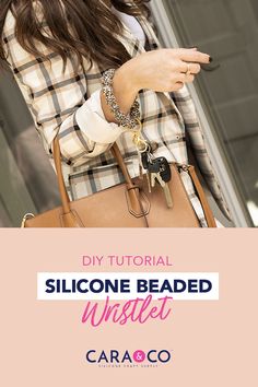 a woman holding a brown handbag with the text diy tutorial silcone beaded whistle caraco