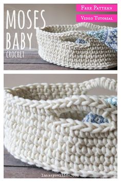 the crochet basket is shown with text that reads, free pattern and video instructions