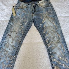 These Brand New Pair Of Jeans Are So Cute! I Absolutely Love Them, Unfortunately They Do Not Fit Me So I Never Got A Chance To Wear Them. These Are Skinny With A Little Stretch, Sequin Detailing Down The Leg, And A Light/ Med Wash. Any Questions Feel Free To Ask! Casual Metallic Denim Bottoms, Trendy Metallic Denim Bottoms, Casual Silver Denim Bottoms, Casual Party Jeans In Denim Blue, Casual Denim Blue Jeans For Party, Trendy Silver Denim Jeans, Casual Silver Jeans, Custom Jeans, Dream Style