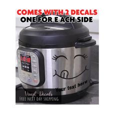 an image of a smiling face on the side of a crock pot with text that reads, comes with 2 decals one for each side