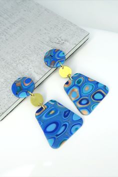 Modern Geometric Blue Jewelry, Modern Blue Geometric Jewelry, Handmade Blue Geometric Earrings, Handmade Blue Geometric Jewelry, Modern Blue Geometric Earrings, Clay Things, Abstract Jewelry, Retro Earrings, Retro Earring