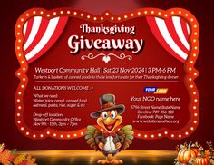 the thanksgiving giveaway flyer with an image of a turkey wearing a top hat and holding a