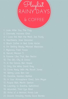 the playlist rainy days and coffee list on a blue background with pink circle above it