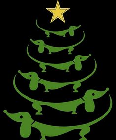 a green christmas tree with dachshunds and a star in the center on a black background