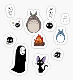 various stickers with different cartoon characters and animals on them, all in black and white