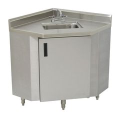 a stainless steel sink and cabinet on wheels with no doors or handles, in front of a white background