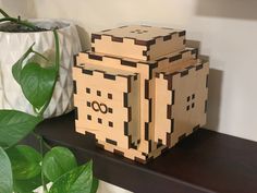 two wooden blocks sitting on top of a shelf next to a potted plant