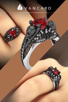 Skull With Lotus Ruby Heart Two Tone Silver And Black Fashion Ring Elegant Red Skull Ring For Gift, Elegant Red Skull Ring For Wedding, Elegant Skull Ring As Gift, Elegant Skull Ring Gift, Elegant Red Skull Ring For Anniversary, Red Skull Ring For Anniversary, Black Skull Jewelry For Anniversary, Gothic Skull Jewelry For Anniversary, Red Gothic Jewelry For Anniversary