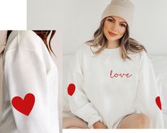 Valentine's Day Love Sweatshirt and Hoodie, Heart Elbow Patch, Love Heart Sweatshirt, Heart Sweater, Women's Valentine's, Valentine gift   🌿WELCOME TO UNIQUE TRENDS DESIGN  If you are looking for soft, comfy, first-rate sweatshirts, you're in the right place! Here at Top Creative Designs, we love what we do and strive to make your shopping experience just right for you. If you have any questions, concerns, or comments about our products, feel free to shoot us a message anytime. Even on weekends and holidays, we'll try our best to respond as quickly as possible! Product Details Unisex Sweatshirts: - Gildan Brand -50% cotton - Light/medium weight and soft, this sweatshirt is sure to be your next favorite sweatshirt. 🌿Sizing and Coloring Please make sure you select the right color and size Heart Embroidery On Tshirt, Cotton Crew Neck Hoodie For Valentine's Day, Valentine's Day Gift Sweatshirt, White Tops With Heart Graphic For Winter, Winter White Tops With Heart Graphic, Long Sleeve Relaxed Fit Hoodie As Gift, Relaxed Fit Long Sleeve Hoodie As Gift, Valentine's Day Casual Long Sleeve Sweatshirt, Casual Heart Graphic Sweatshirt Gift