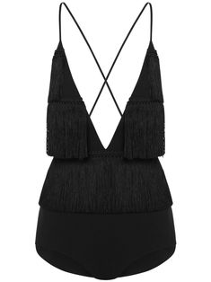 black fringed edge plunging V-neck rear criss-cross straps sleeveless slip-on style thigh-length Just a reminder that this piece must be tried on over your own garments. Summer Party Bodysuit With Crisscross Straps, Bodysuit Black, Yoko London, Rocker Chic, City Dress, Iconic Bags, Just A Reminder, Black Fringe, Summer Beach Wear