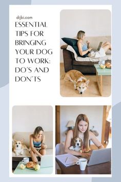 a woman sitting on top of a couch next to a dog with a laptop computer