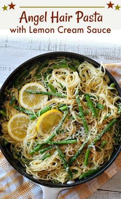 angel hair pasta with lemon cream sauce in a skillet