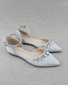 Satin Pointy Toe Flats with Teardrop Rhinestones Embellishments Rhinestone Applique Embellishments, Bridesmaid Shoes Flat, Satin Wedding Shoes, Silver Wedding Shoes, Feminine Shoes, Holiday Shoes, Pointy Toe Flats, Bridesmaid Shoes, Womens Wedding Shoes