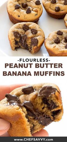 a person holding a chocolate chip cookie with the words flourless peanut butter banana muffins