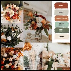 a collage of flowers and greenery in shades of orange, green, brown, and white