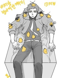 a drawing of a man sitting on top of a chair with yellow dots all over his clothes