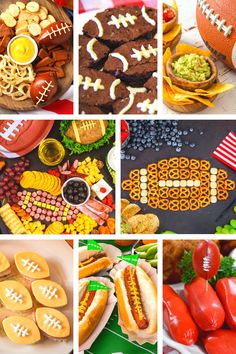 a collage of pictures with different foods and sports themed items on them, including hotdogs, corn dogs, football cookies, cheese rings, fruit and more