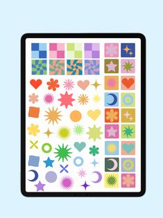 a square sticker with different shapes and sizes on the side, including hearts, stars,