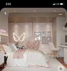 a bedroom with pink walls and white furniture