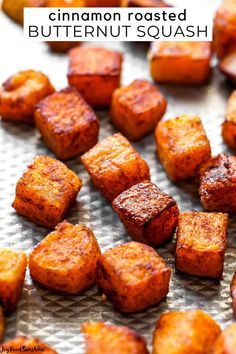 cinnamon roasted butternut squash on a baking sheet with the words, how to make cinnamon roasted butternut squash