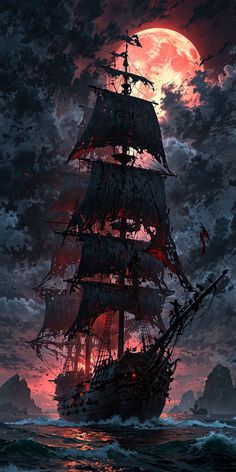 a pirate ship sailing in the ocean at night with full moon and clouds above it