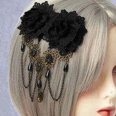 Brand New Gothic Punk French Clip With Black Fabric Roses And Bronze Chains With Dangling Pendants See Photos For Size Reference Unique Hair Accessories Cute Hair Accessories Gothic Flowers, Rose Hair Clip, Unique Hair Accessories, Hair Scarf Styles, Gothic Vintage, Pagan Jewelry, Fabric Roses, Rose Hair, Wigs Online